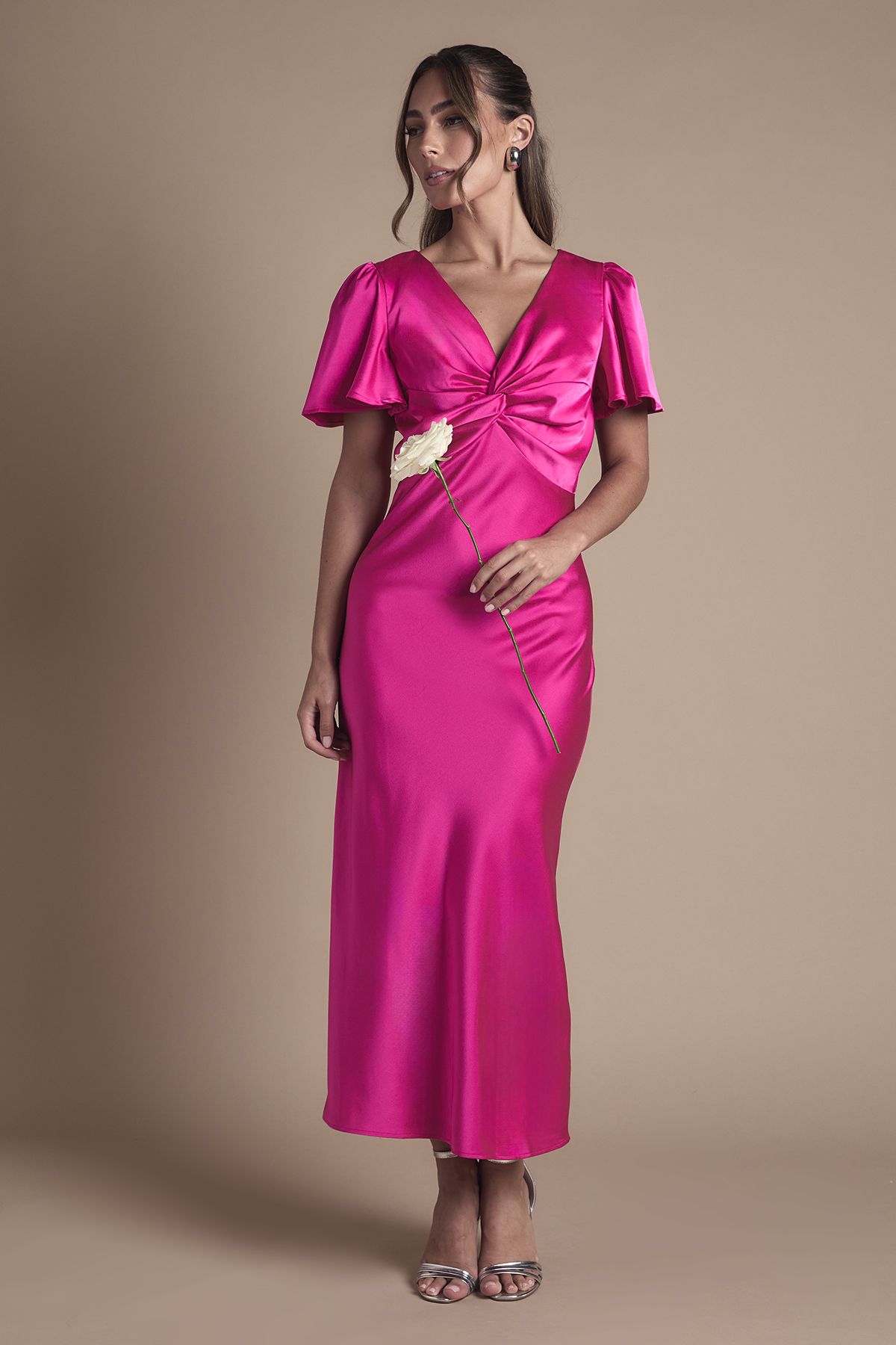 Oasis Satin Twist Front Angel Sleeve Midi Bridesmaid Dress Bright Pink image 1