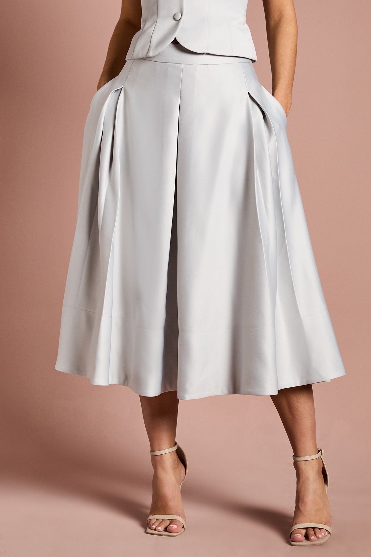 Coast Satin Pleat Front Midi Full Skirt Silver image 1
