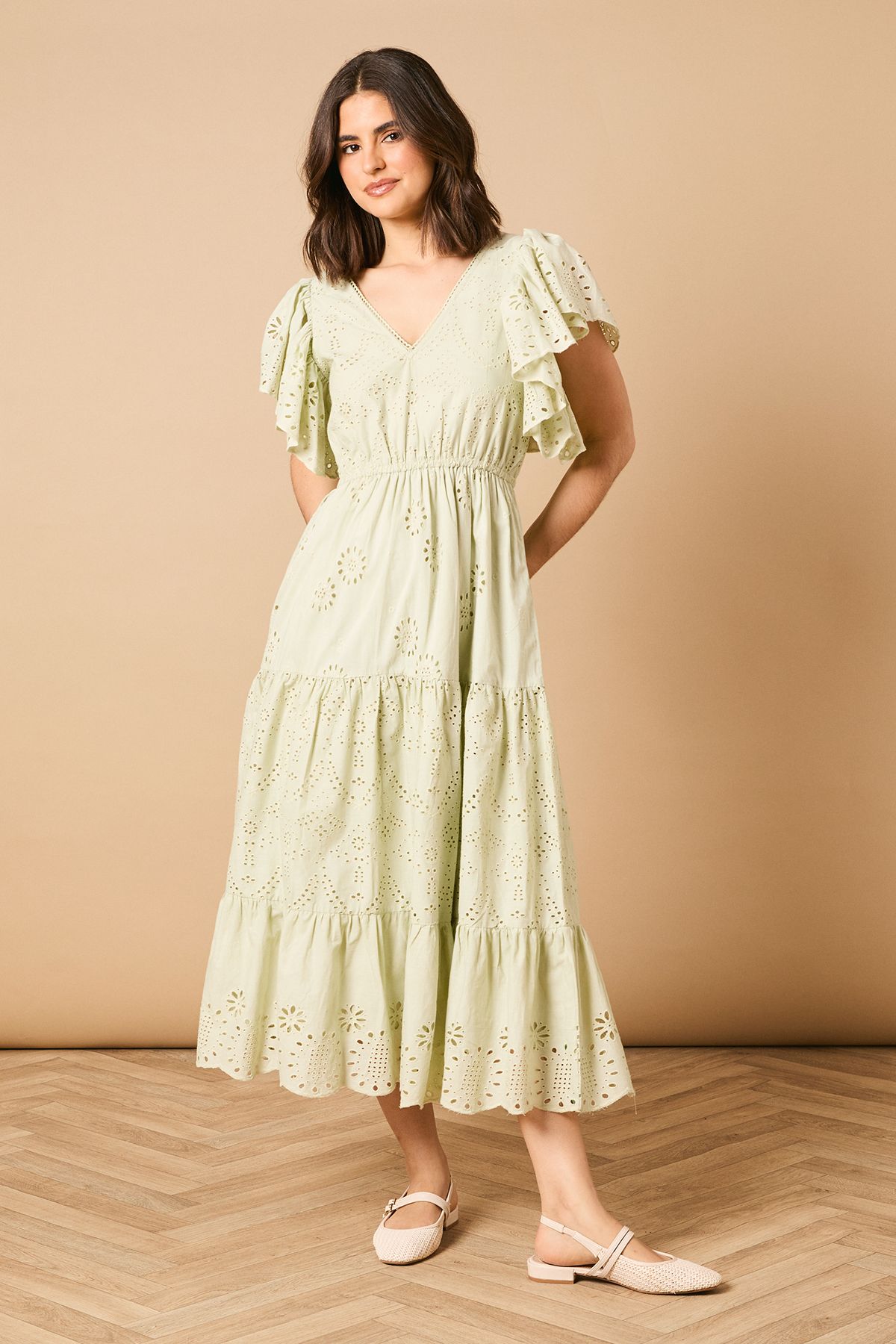 Oasis Broderie V Neck Angel Sleeve Maxi Dress Sage image 1