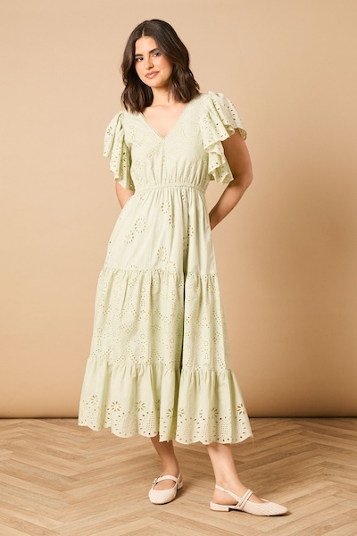 Oasis Broderie V Neck Angel Sleeve Maxi Dress Sage