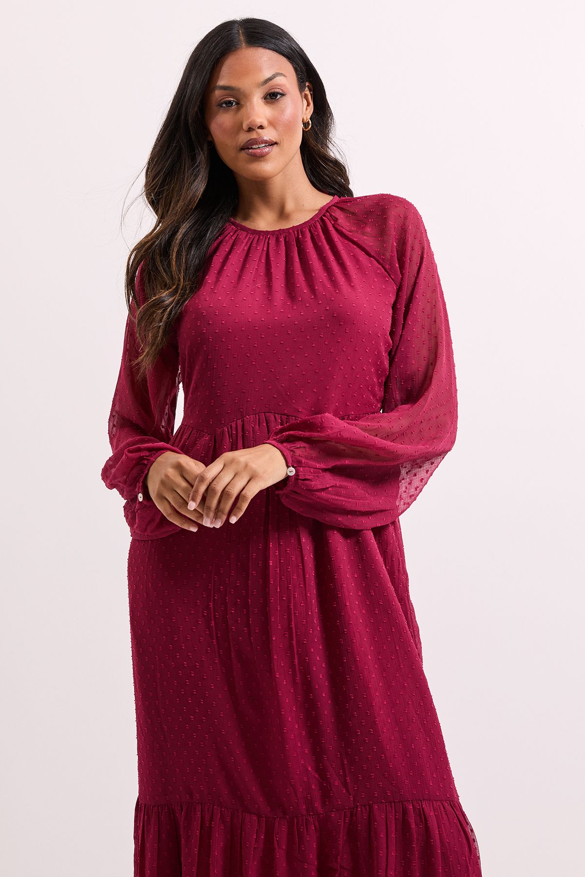 Dorothy Perkins Burgundy Floral Frill Detail Blouson Sleeve Mini Dress Burgundy image 2