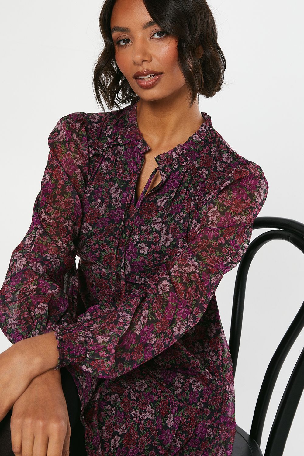 Dorothy Perkins Pink Floral Chiffon Ruffle Hem Long Sleeve Mini Dress Floral image 2