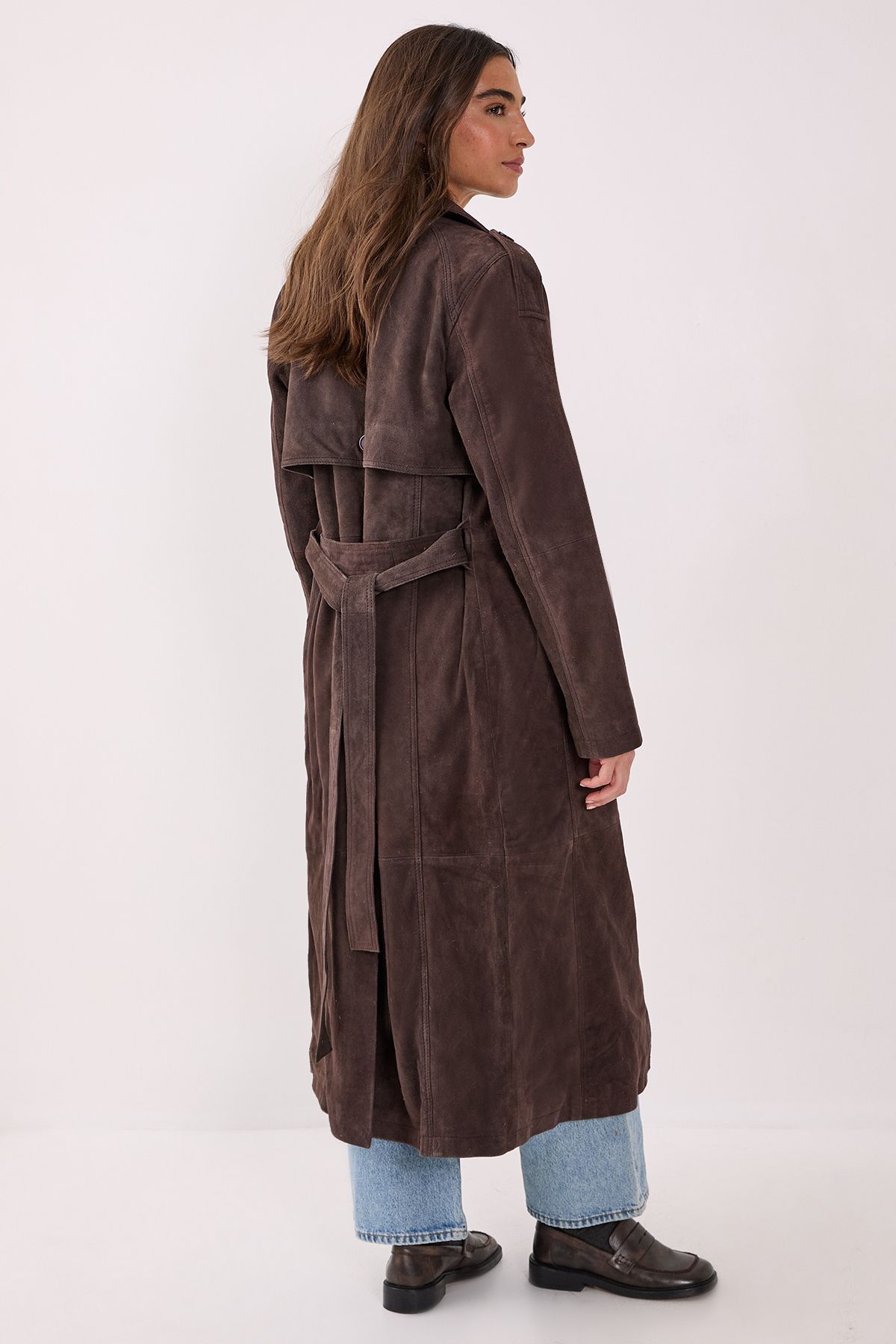 NastyGal Real Suede Trench Coat Chocolate image 3