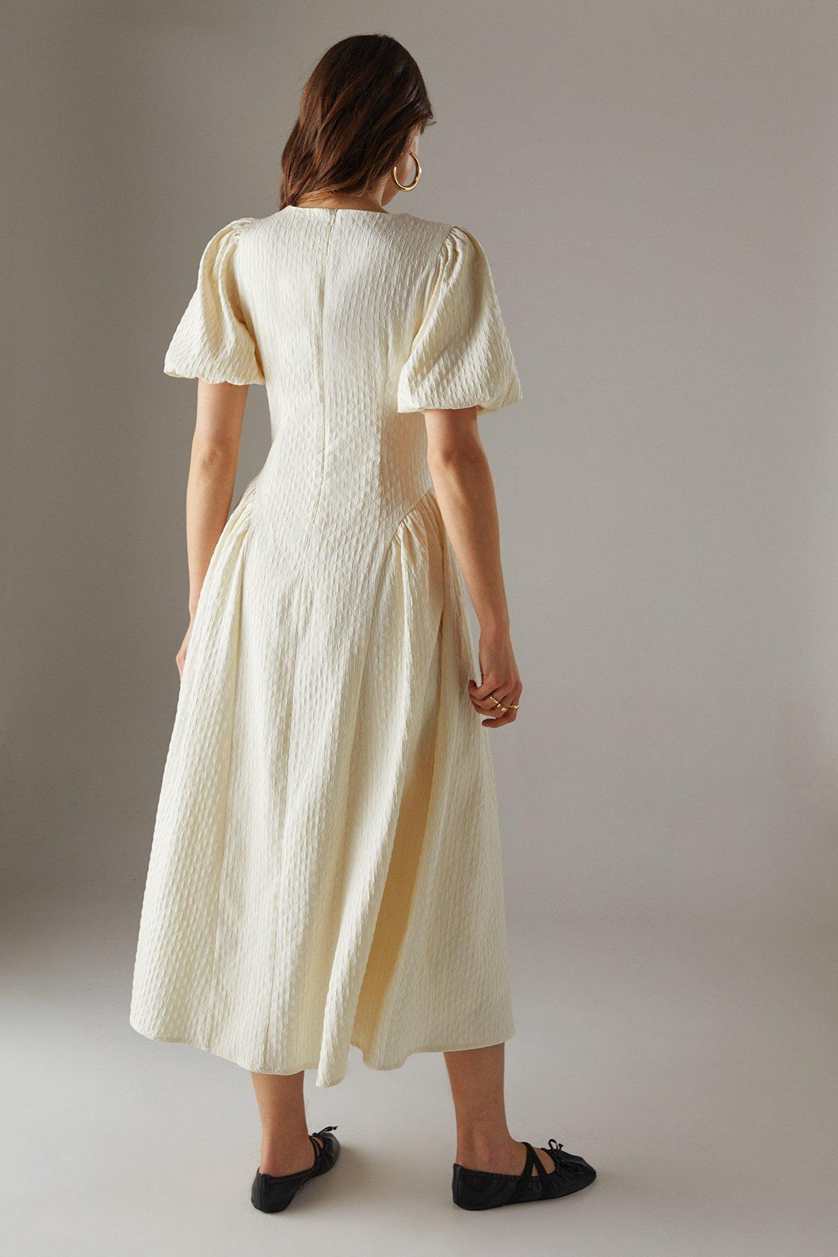 Warehouse Seersucker Organza Godet Side Puff Sleeve Midi Dress Cream image 3