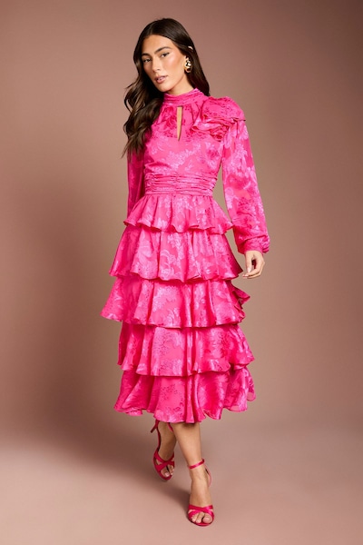 Coast Jacquard Tiered Midi Dress Hot Pink