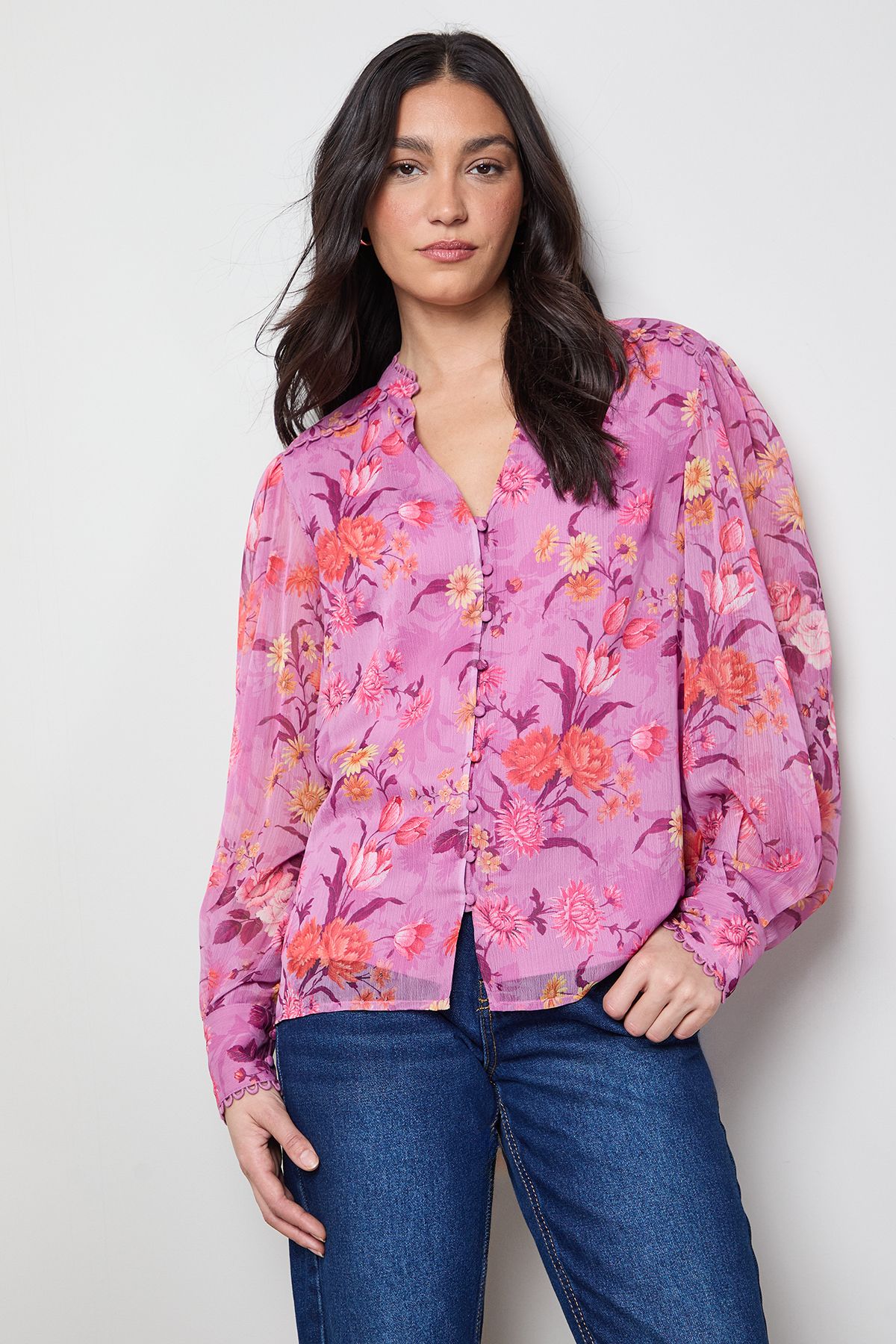 Oasis Printed Chiffon Button Through Blouse Multi