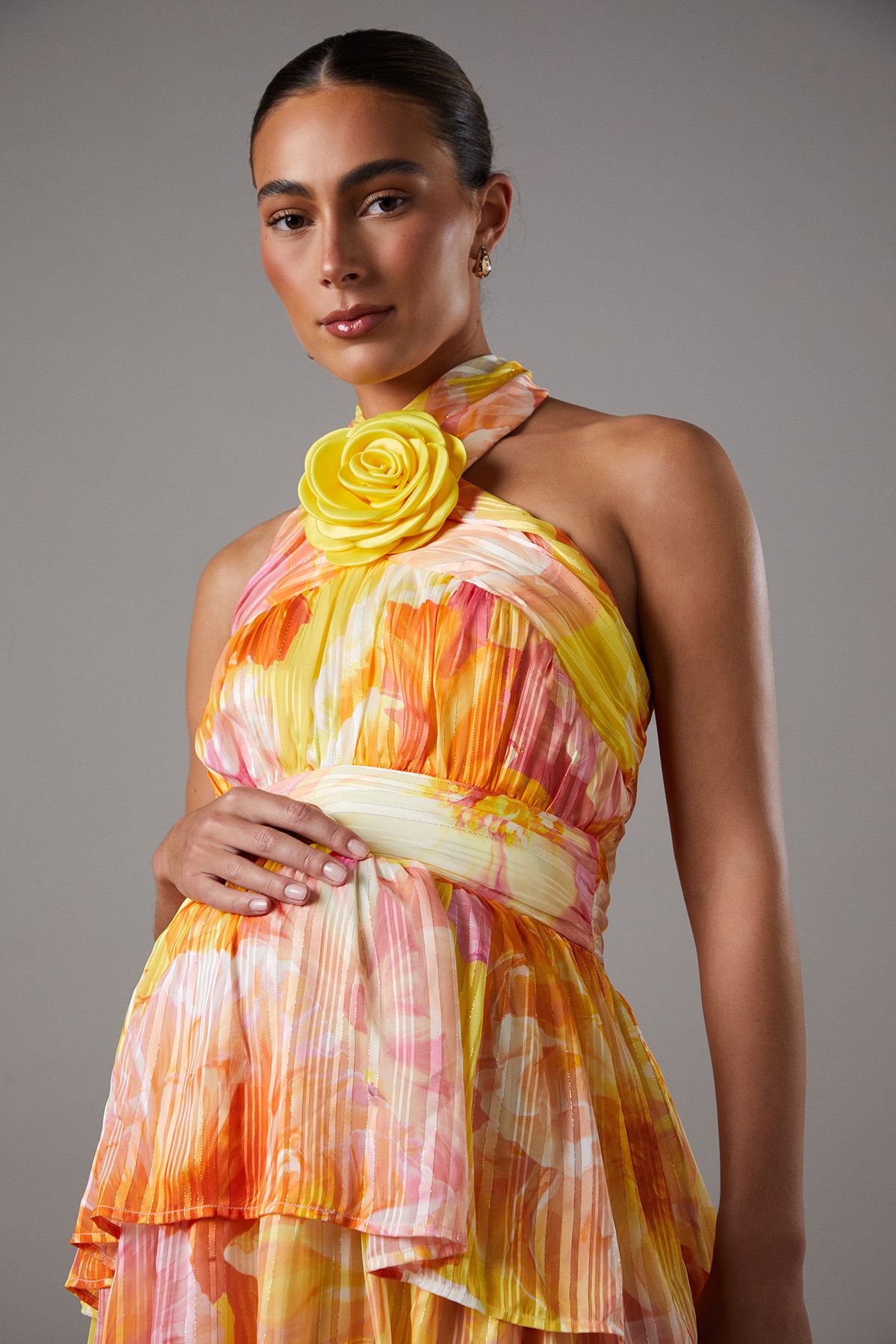 Coast Maternity Tiered Halter Tie Neck Midi Dress Yellow image 4