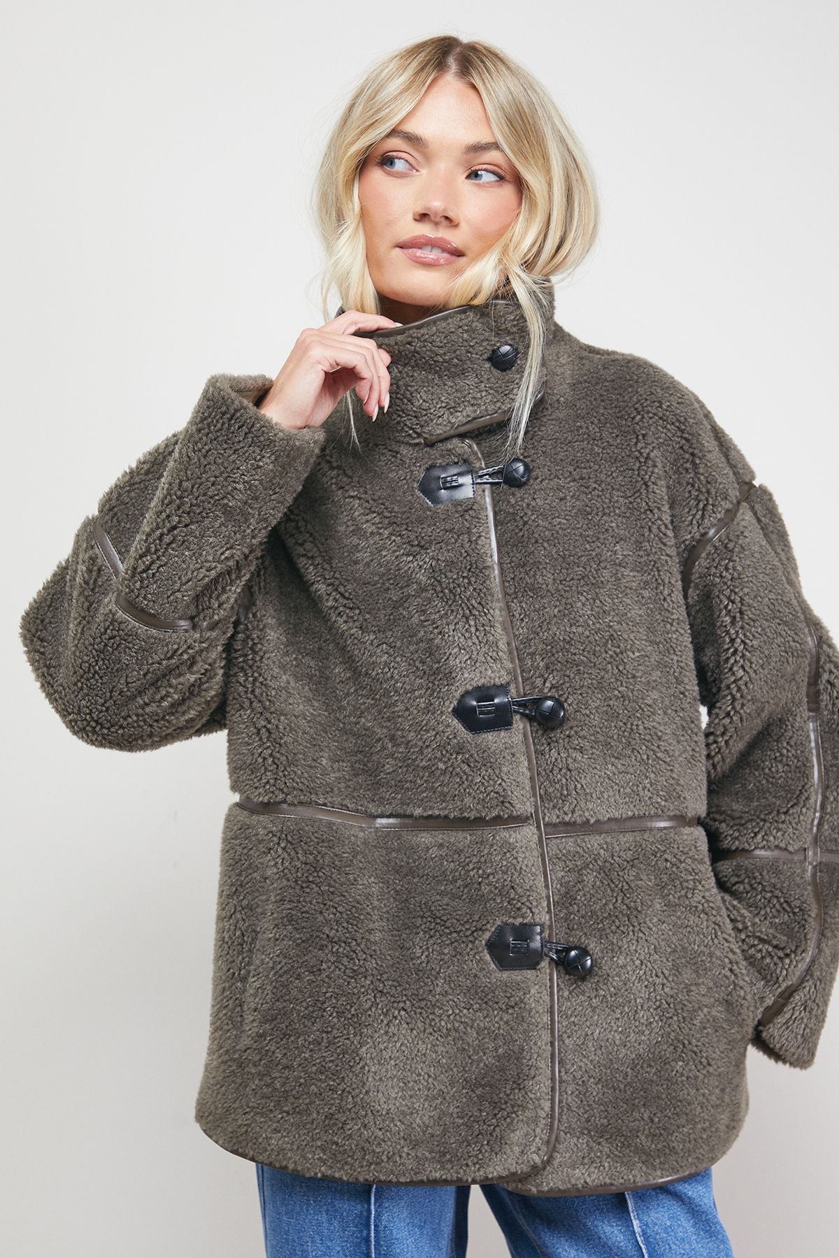 Oasis Funnel Neck Shearling Coat Grey image 5