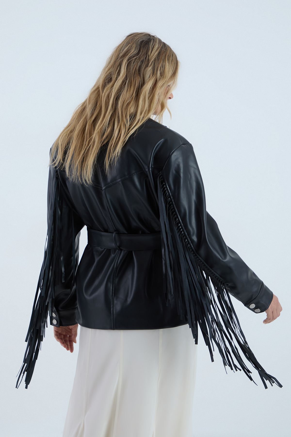 NastyGal Fringe Faux Leather Belted Jacket Black image 4