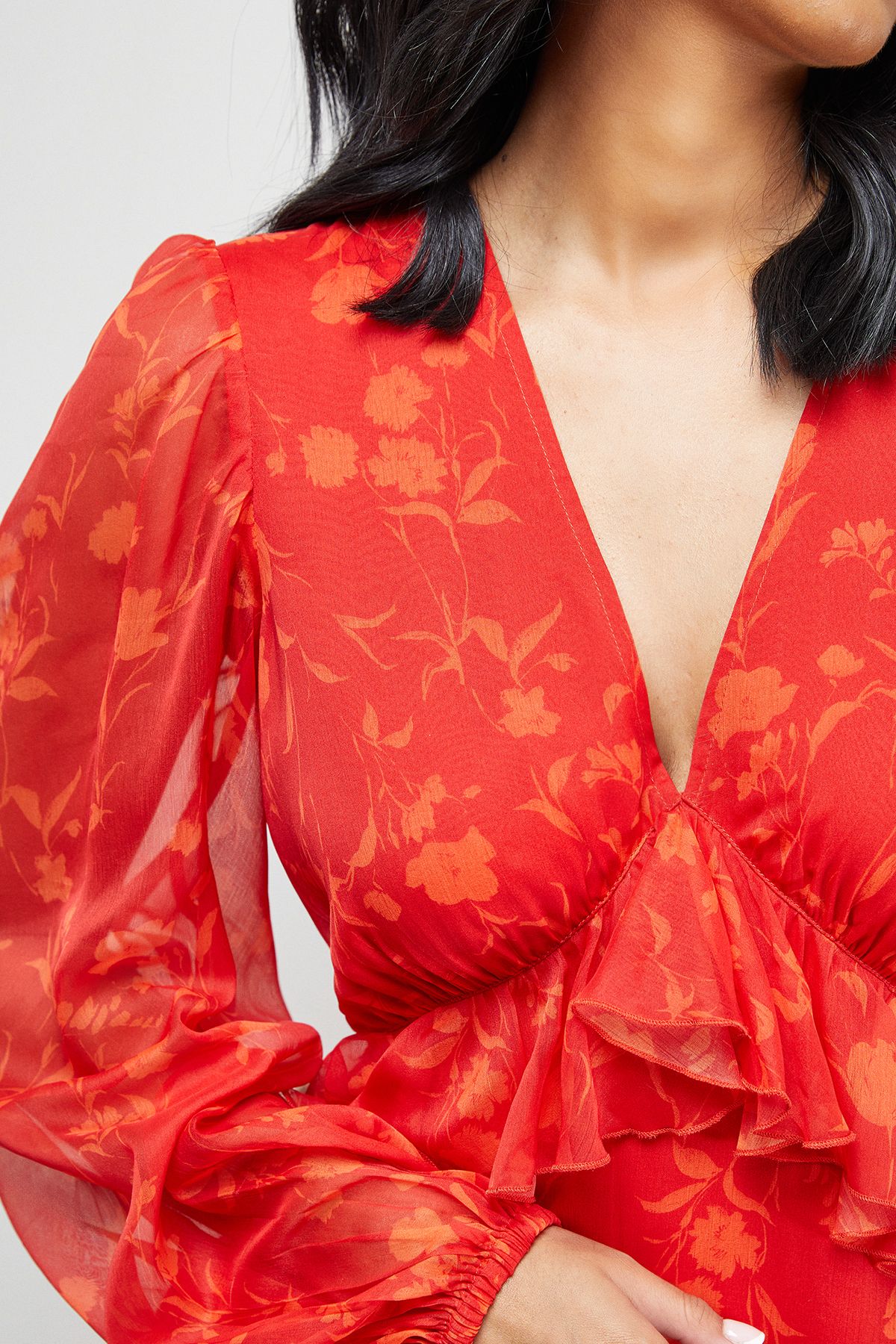 Warehouse Print Chiffon Plunge Neck Ruffle Detail Volume Sleeve Maxi Dress Floral image 5