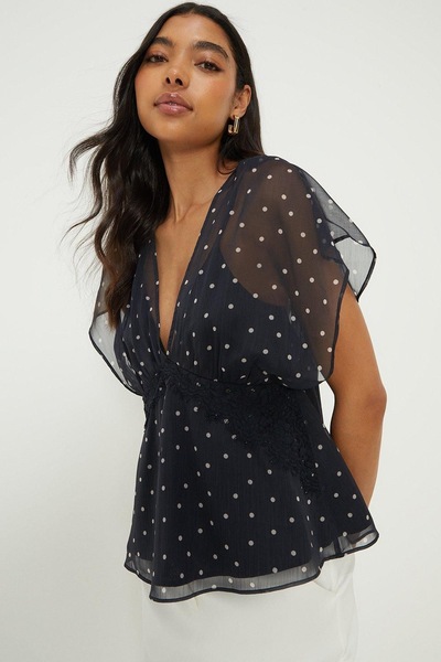 Dorothy Perkins Chiffon Lace Trim Top Black