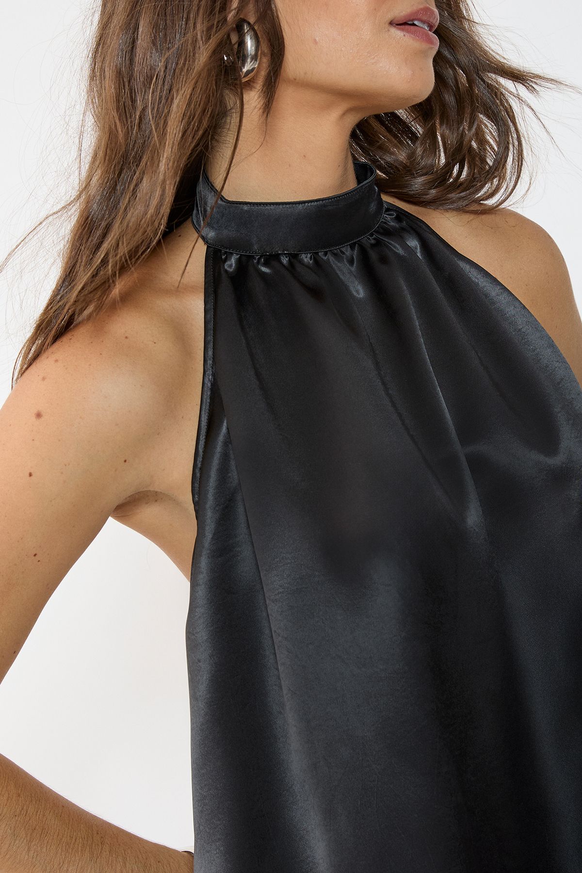 NastyGal Satin High Neck Puffball Mini Dress Black image 5