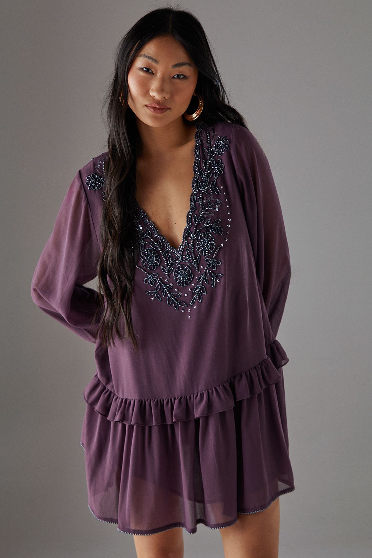 Warehouse Petite Hand Embellished Chiffon Mini Smock Dress Mauve image 2