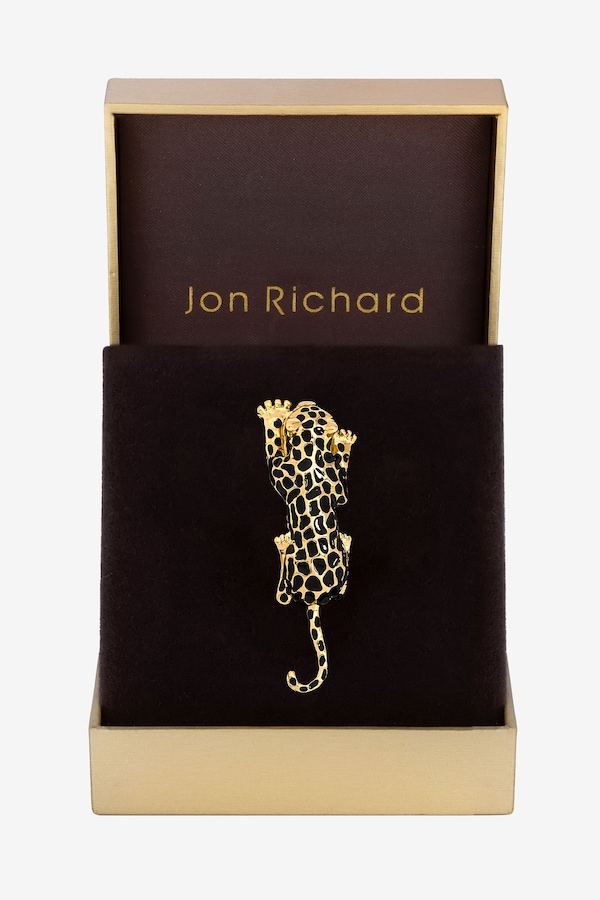 Jon Richard Gold Plated and Jet Lepoard Brooch - Gift Box