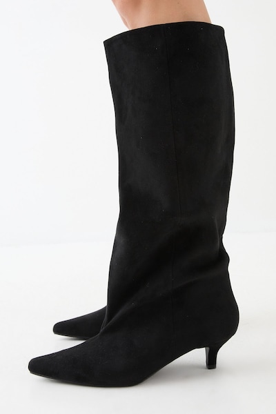 MissPap Low Stiletto Faux Suede Slouch Knee High Boots Black