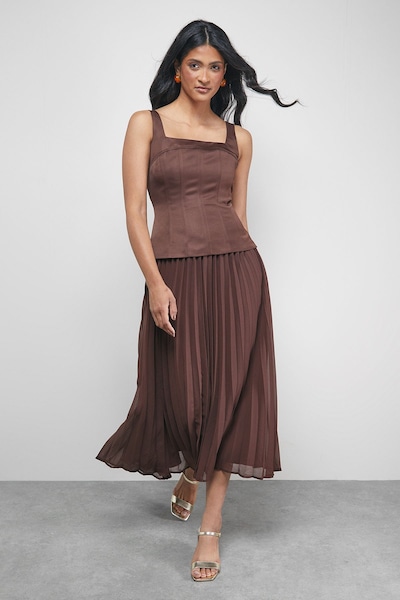 Warehouse Satin Fitted Bodice Chiffon Pleated Skirt Midi Dress Chocolate