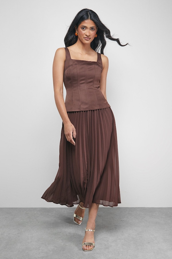 Warehouse Satin Fitted Bodice Chiffon Pleated Skirt Midi Dress Chocolate