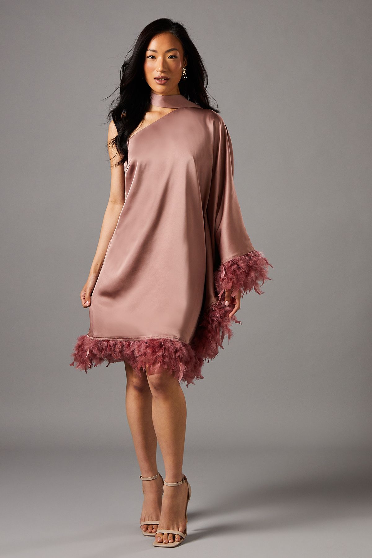 Coast Pink One Shoulder Feather Trim Satin Mini Dress PLT