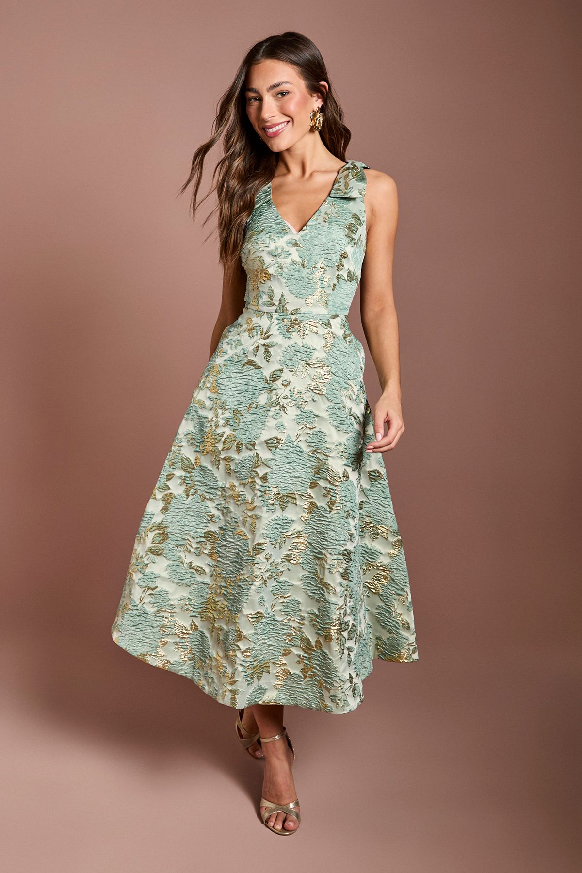 Coast Bow Shoulders Jacquard Midi Dress Sage