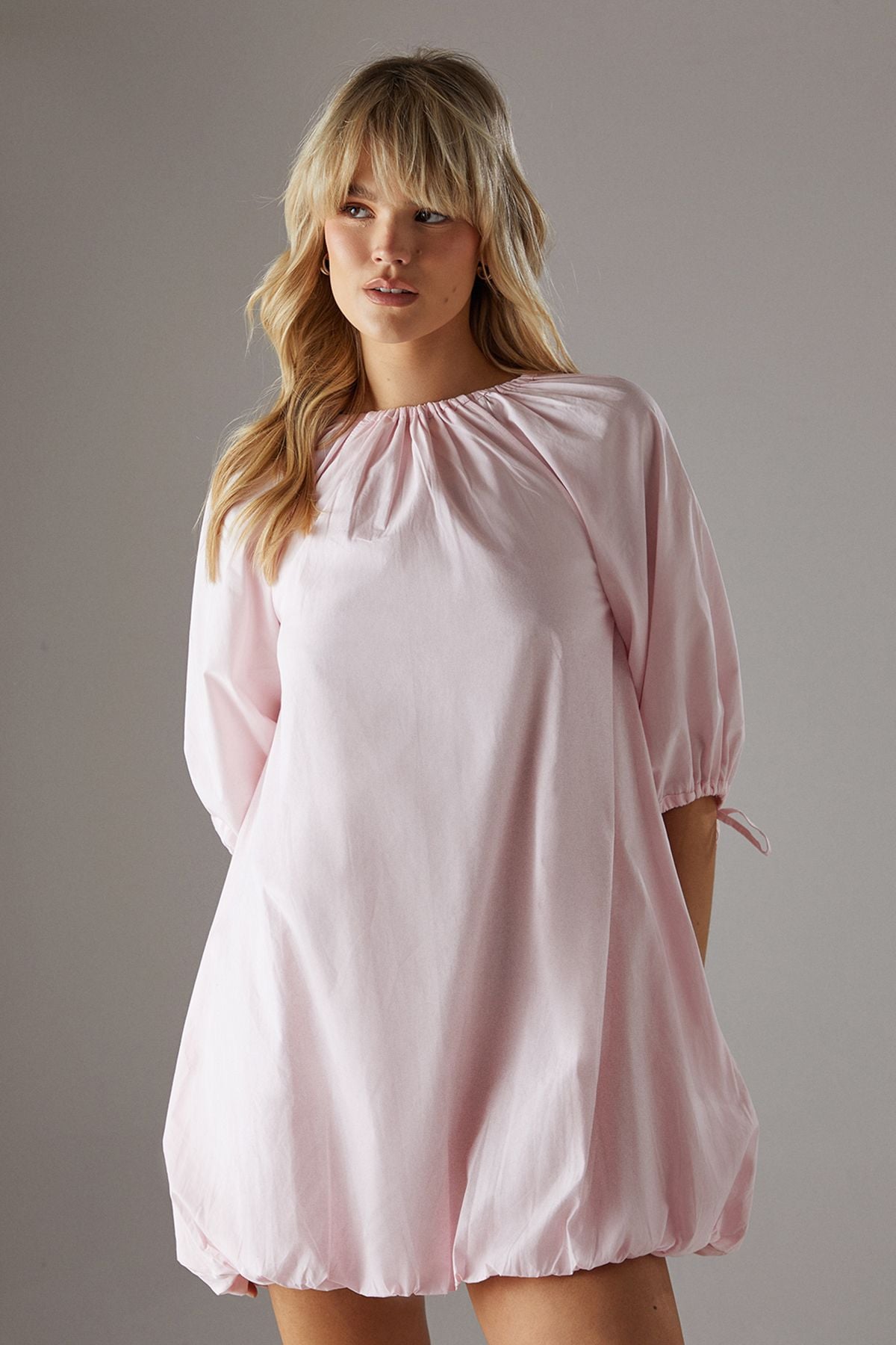 Warehouse Poplin Bubble Balloon Sleeve Mini Dress Pale Pink image 2