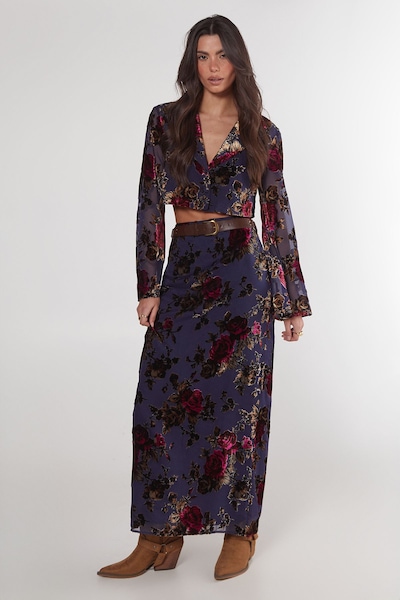 NastyGal Floral Devore Maxi Skirt Blue