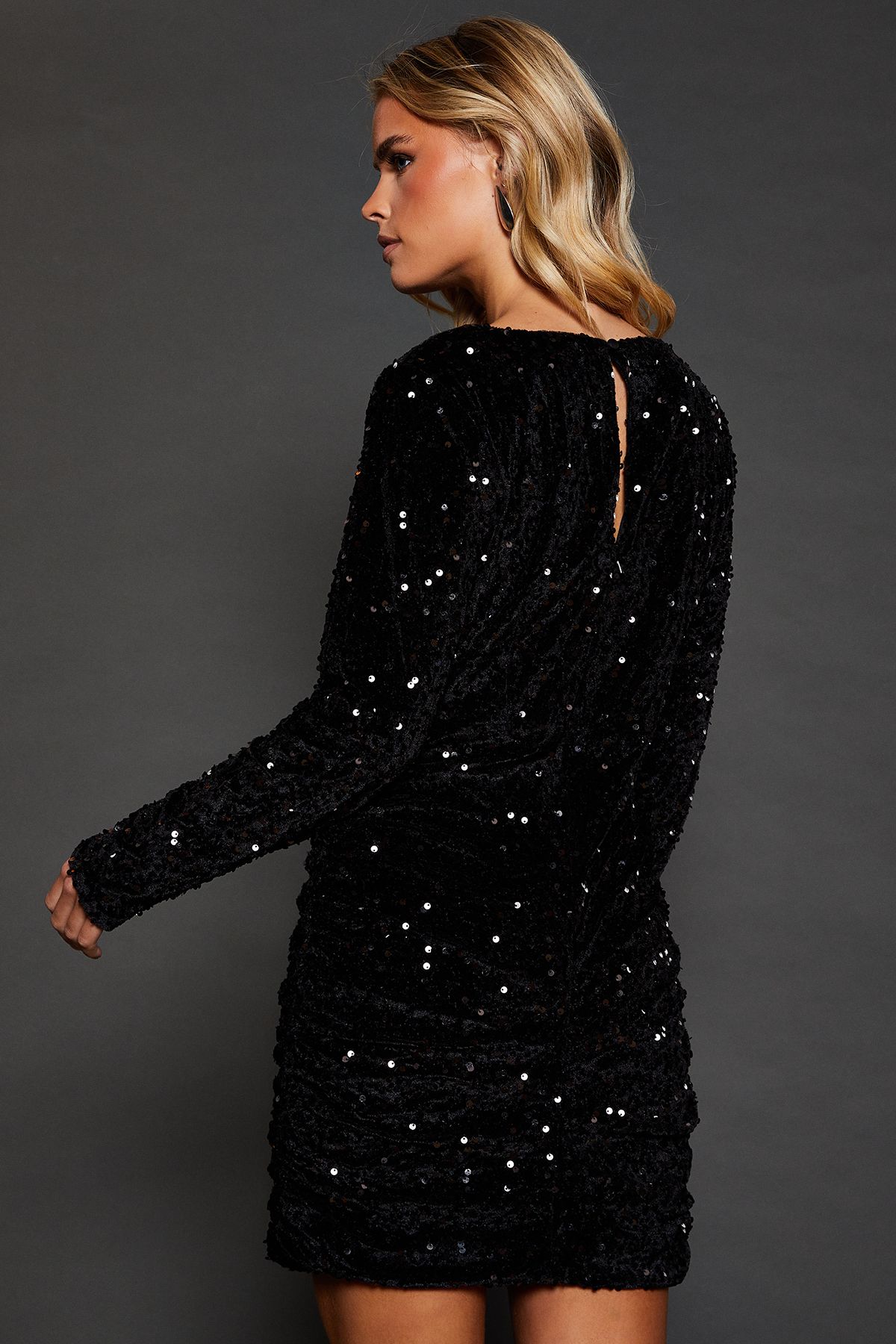 Dorothy Perkins Petite Ruched Velvet Sequin Mini Dress Black image 3