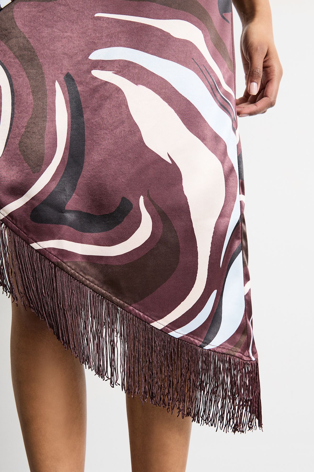 Warehouse Abstract Printed Satin Fringed Midi Skirt Chocolate image 4