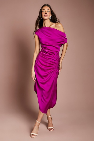 Coast Satin Ruched One Shoulder Asymmetric Hem Midi Dress Dark Pink