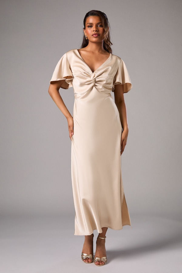 Oasis Oasis by Coast Petite Satin Twist Angel Sleeve Midi Bridesmaid Dress Champagne