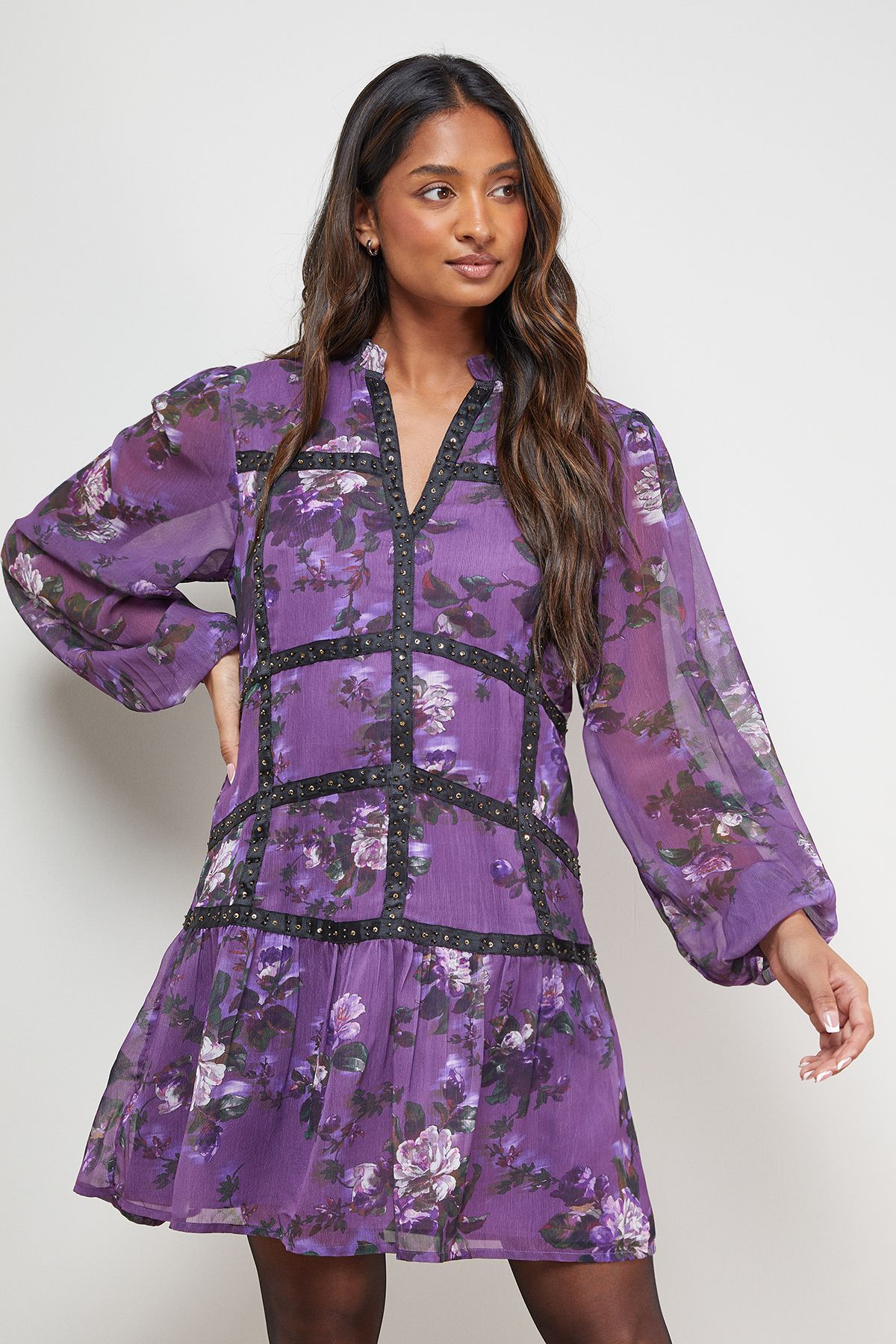 Oasis Printed Embellished Trim Detail Chiffon Mini Dress Floral