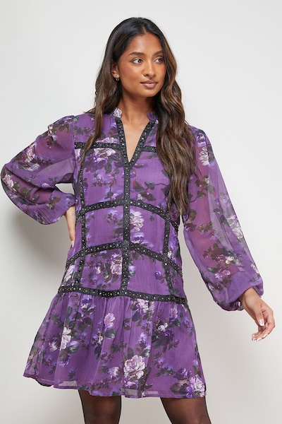 Oasis Printed Embellished Trim Detail Chiffon Mini Dress Floral