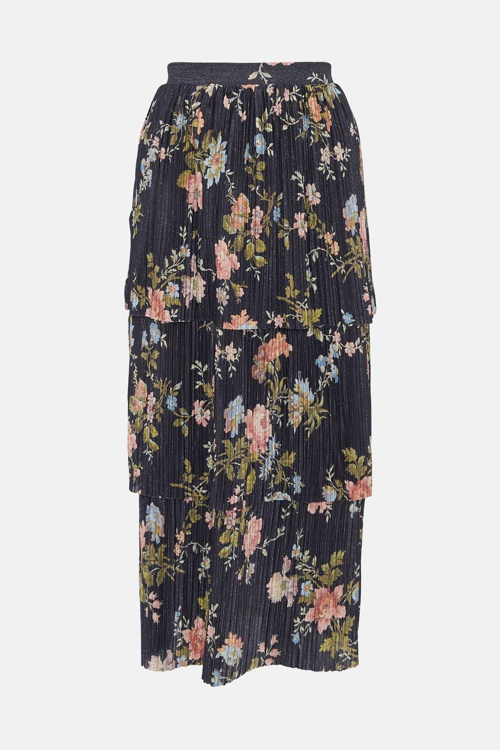 Oasis Floral Metallic Plisse Tired Midi Skirt Multi image 4