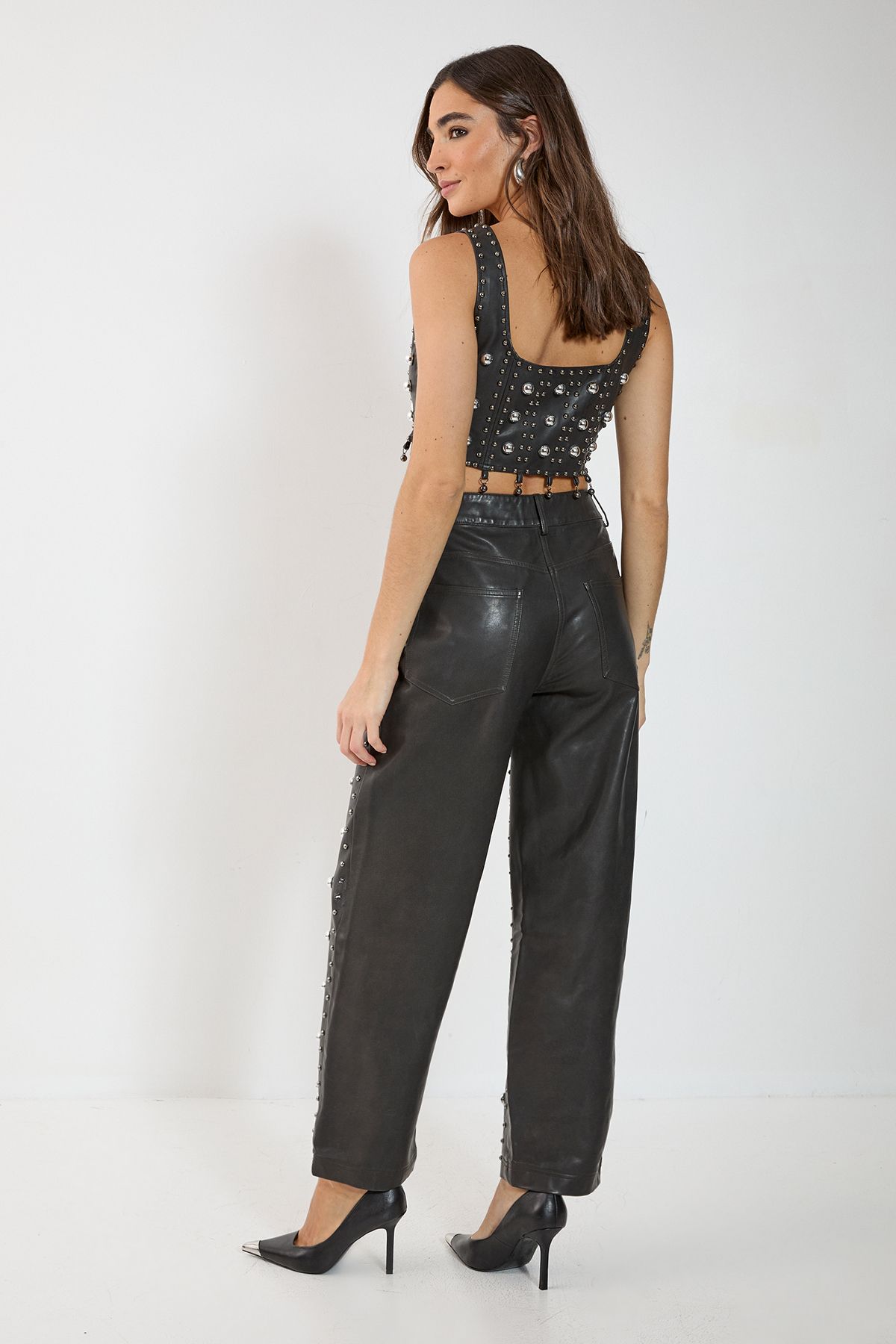 NastyGal Faux Leather Studded Straight Leg Pants Black image 4