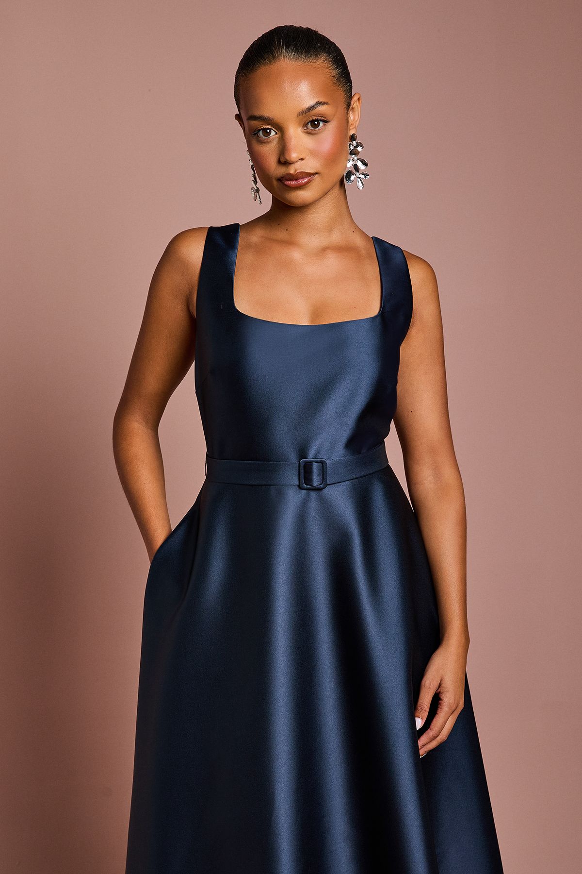 Coast Petite Belted Twill Midi Dress Navy image 2