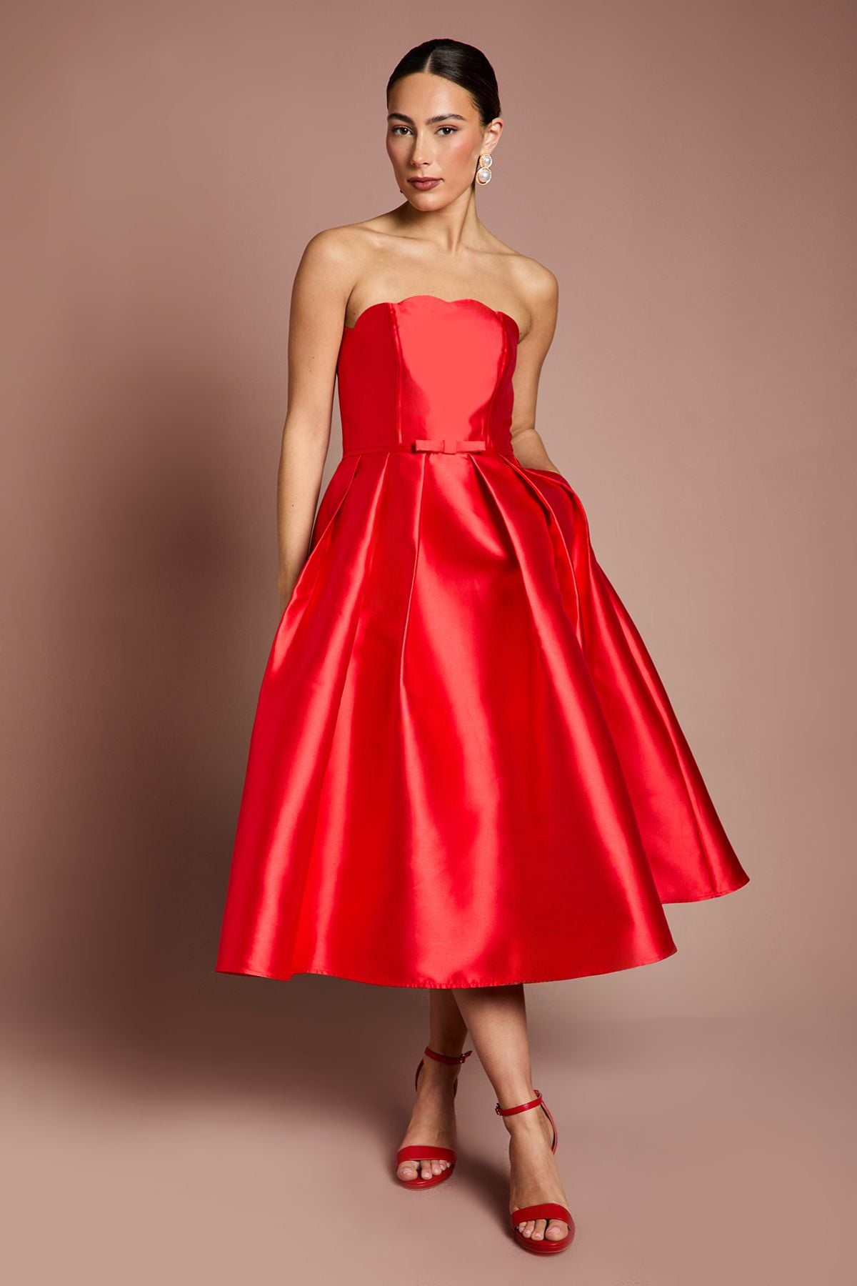 Coast Scalloped Strapless Midi Dress Red