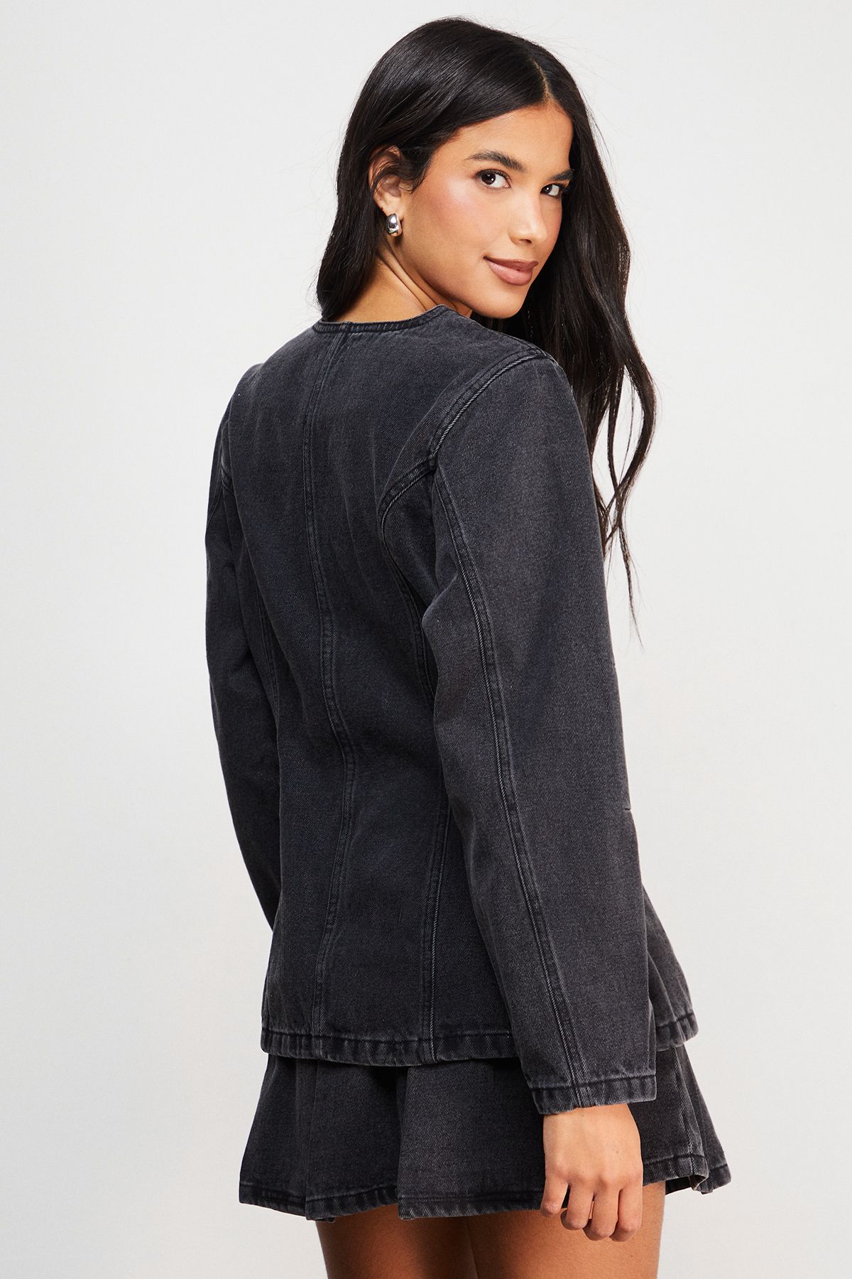 Warehouse Balloon Sleeve Nipped Waist Denim Jacket Washed Black image 3