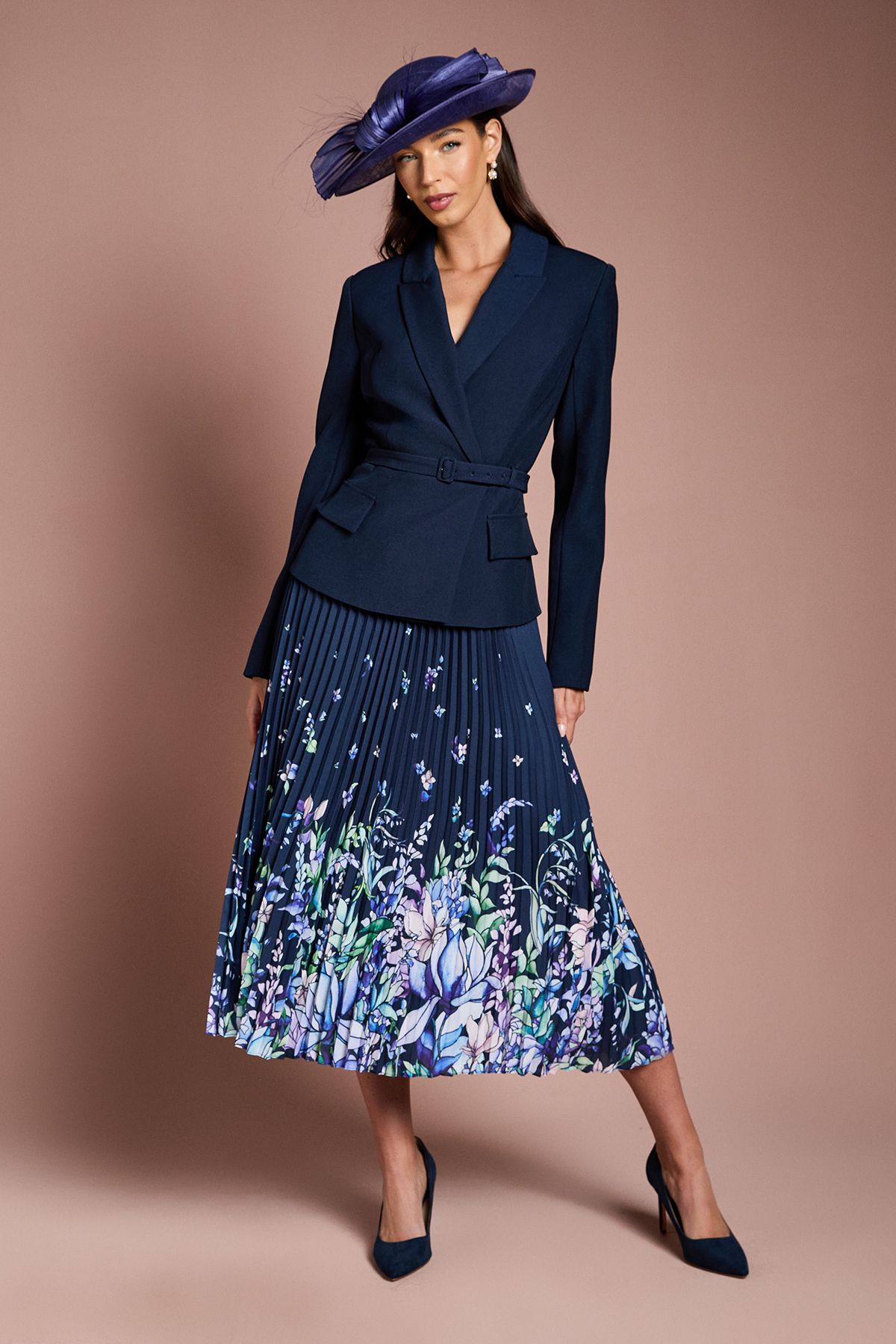 Coast Lisa Tan Tailored Jacket With Pleated Skirt Midi Dress Navy