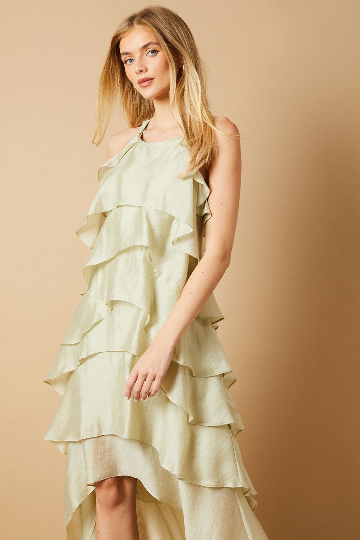 Oasis Ruffle Detail Tiered Midi Dress Green image 2