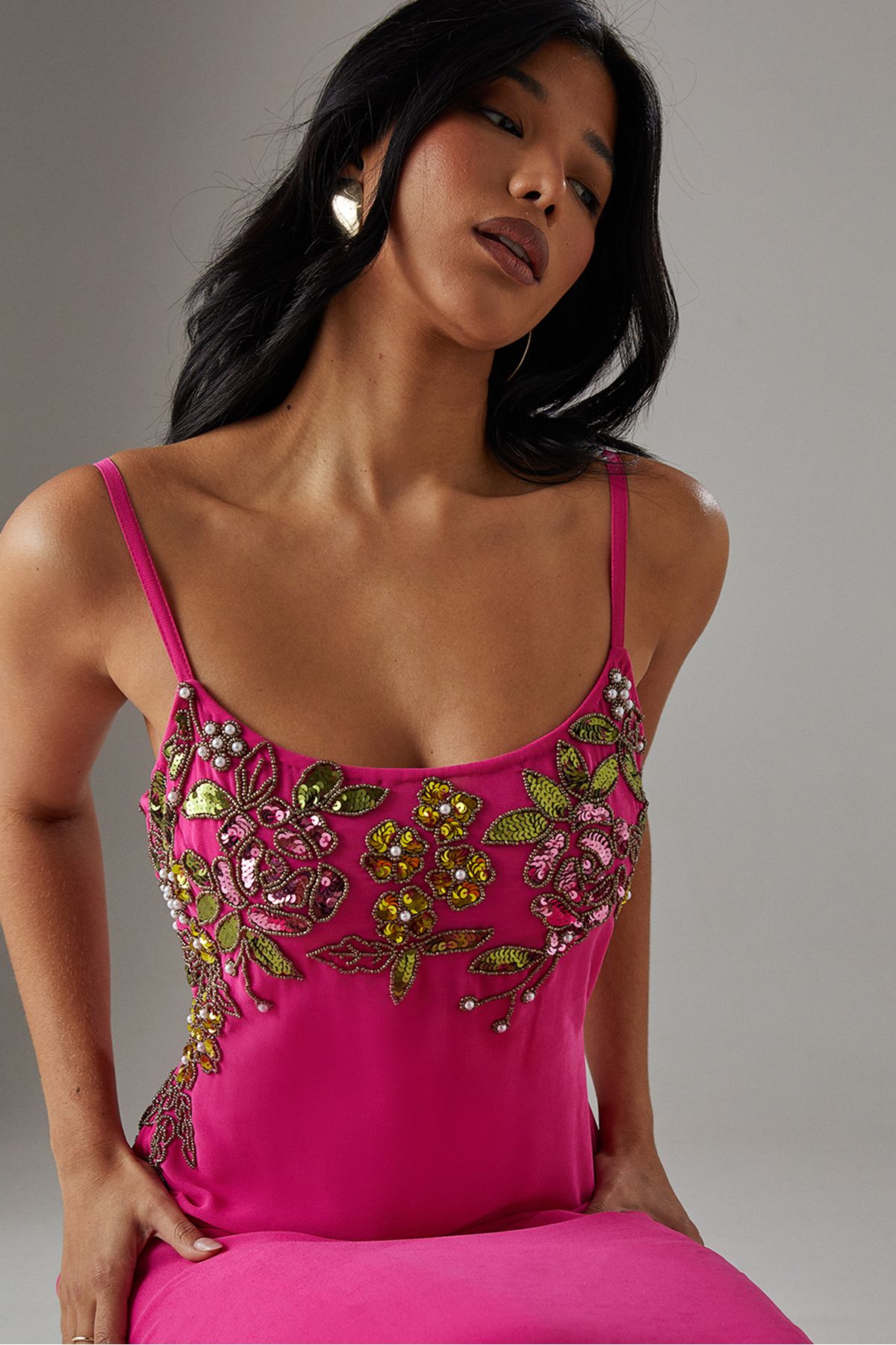 Warehouse Hand Embellished Strappy Bias Sequin Midi Dress Hot Pink image 4