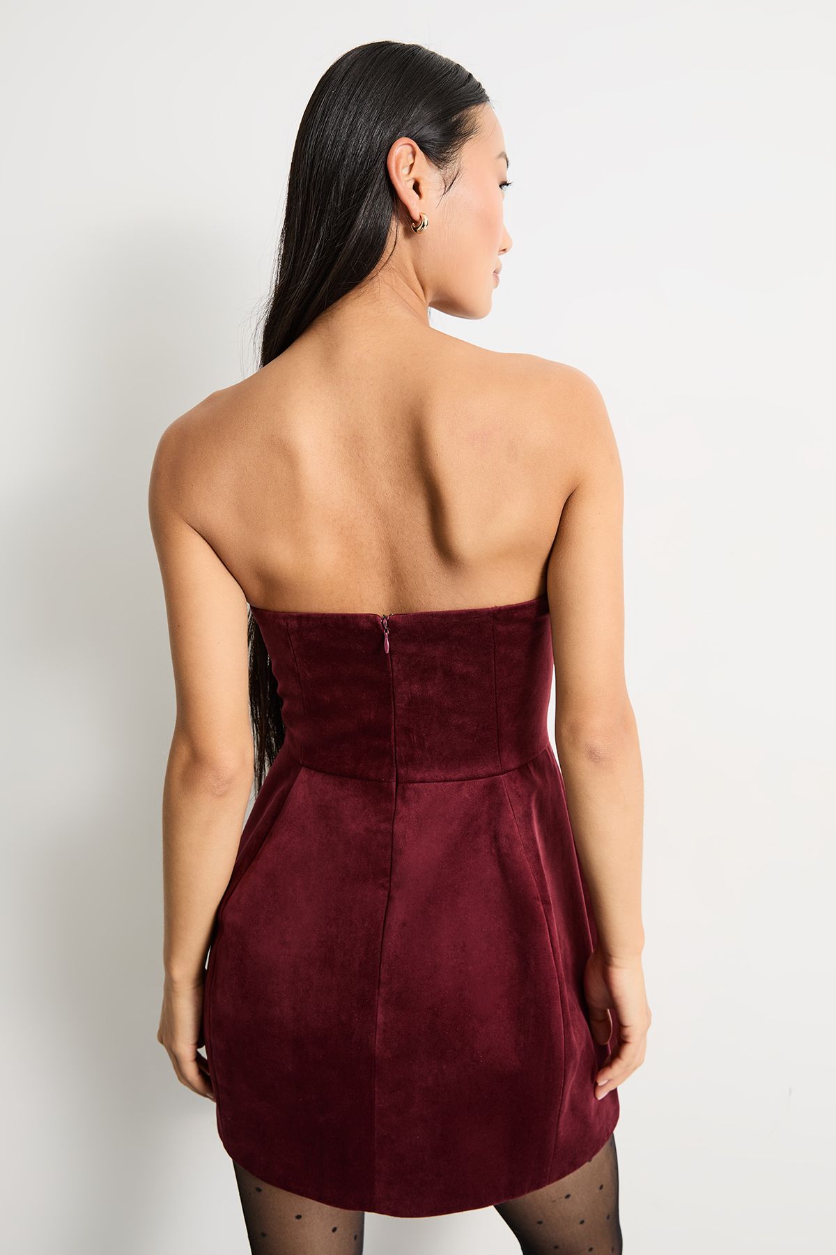 Warehouse Petite Bonded Velvet Mini Bustier Dress Burgundy image 3