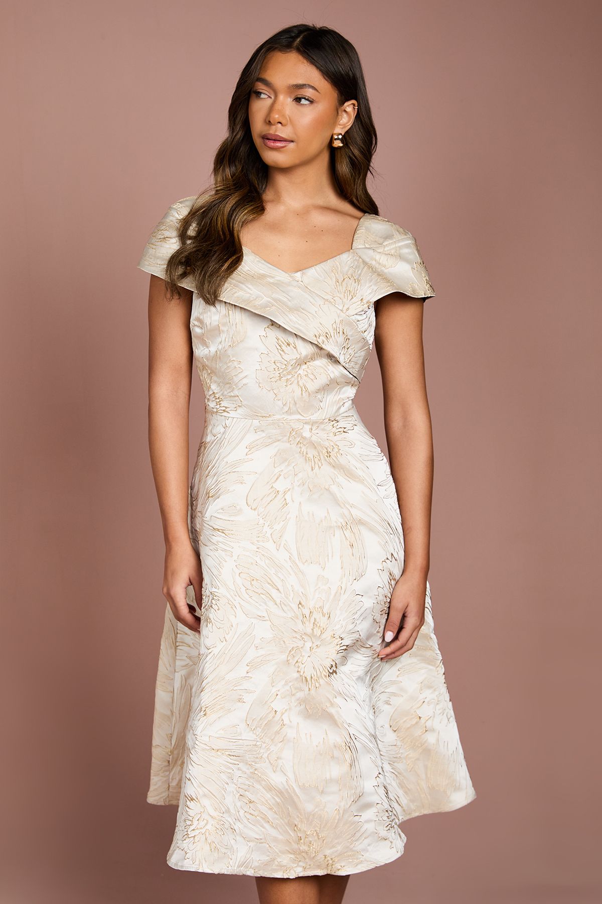 Coast Off the Shoulder Jacquard Full Skirted Midi Dress Champagne image 2