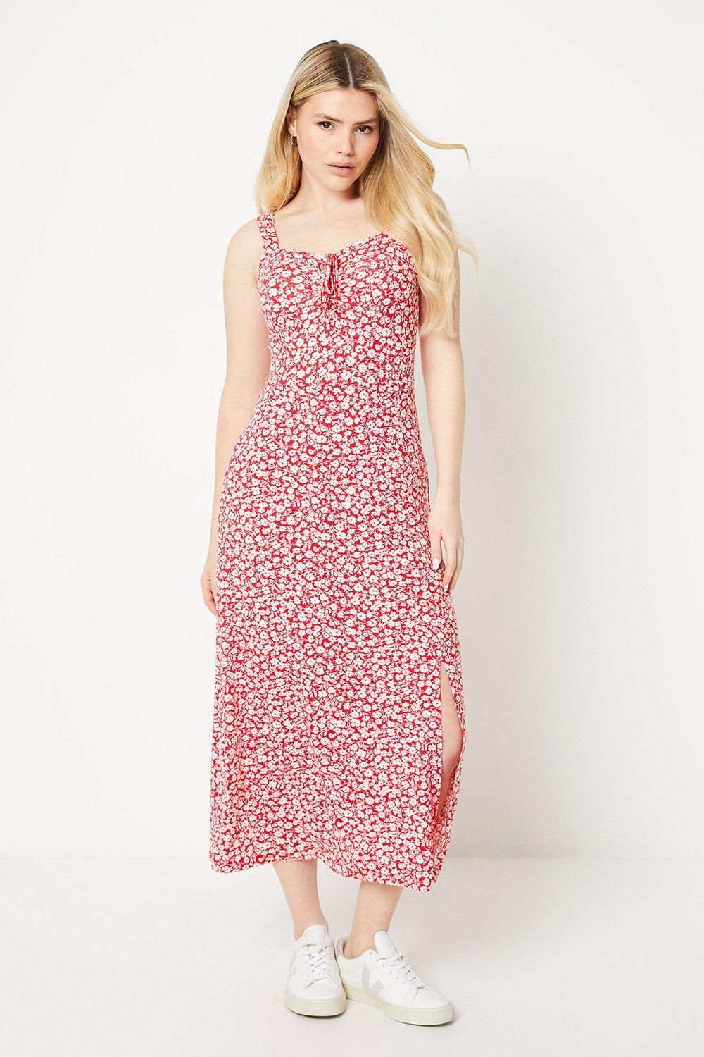 Dorothy Perkins Red Ditsy Sweetheart Tie Front Jersey Midi Dress Red