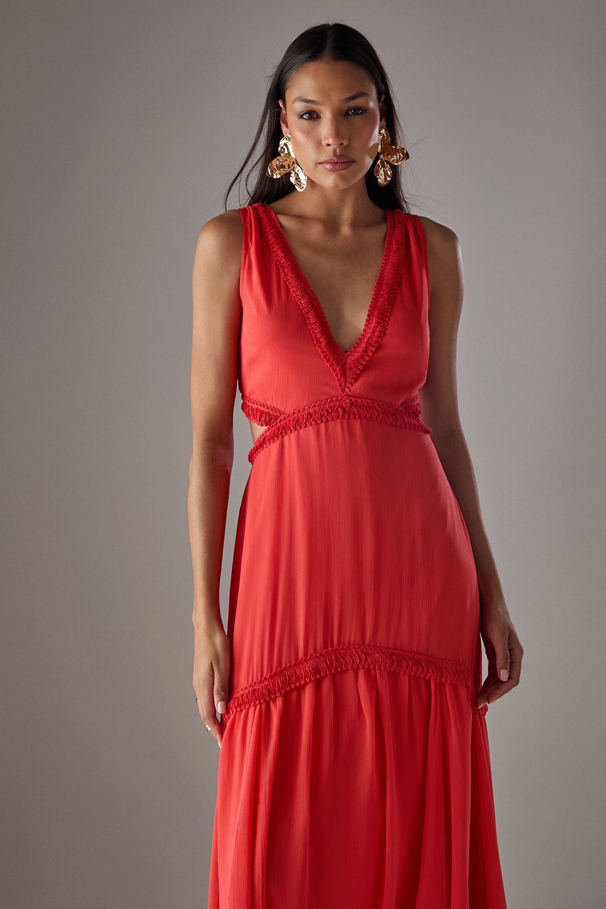 Warehouse HCD Chiffon Fringe Trim Cut Out Maxi Dress Red image 4