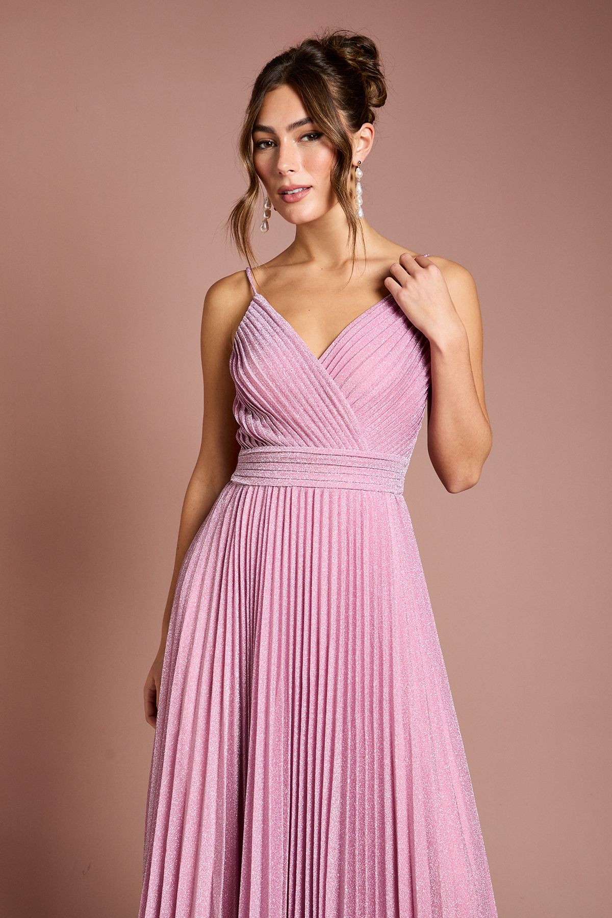 Coast V neck Cami Shimmer Pleated Maxi Dress Pink image 2