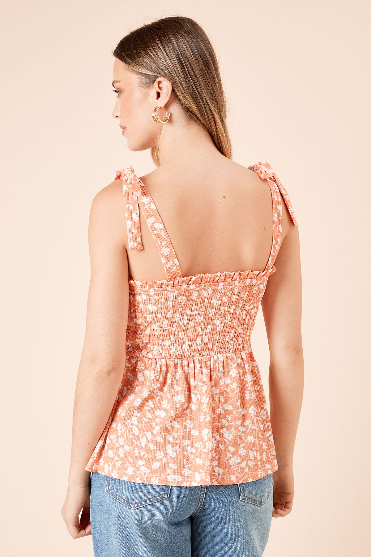 Dorothy Perkins Coral Ditsy Tie Shoulder Shirred Bodice Peplum Jersey Top Coral image 5