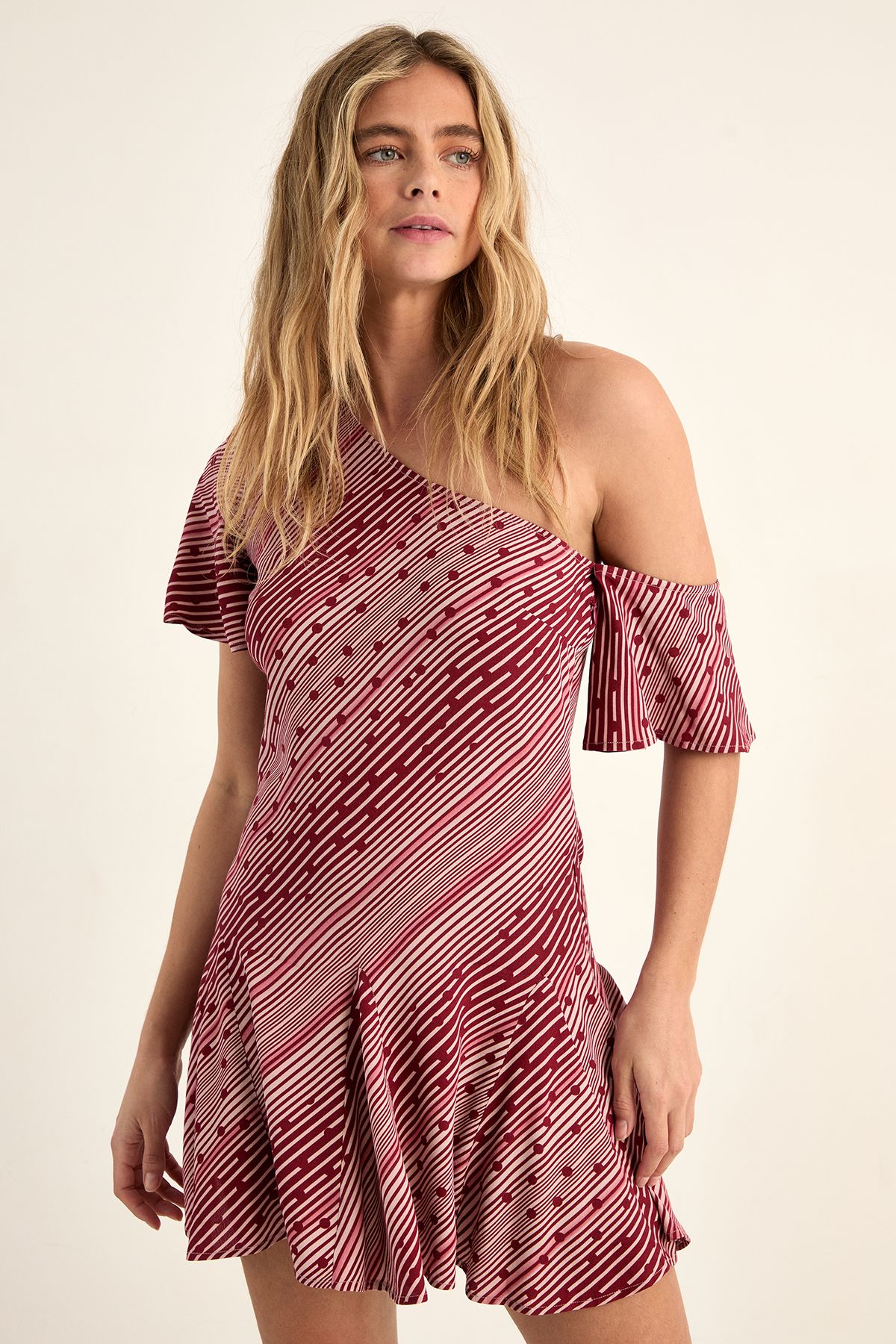 NastyGal Polka Dot Stripe Mix Off The Shoulder Godet Hem Mini Dress Red