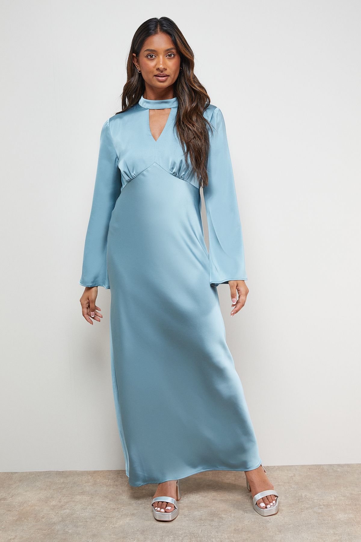 Oasis Satin Cut Out Flare Sleeve Bias Midi Dress Powder Blue