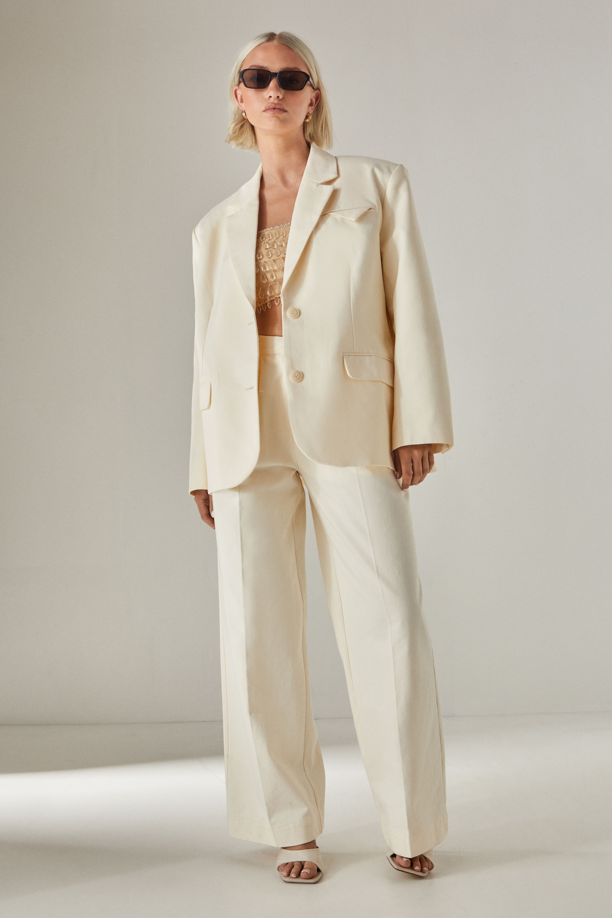 NastyGal Peached Cotton Twill Buckle Tailored Pants Cream image 3