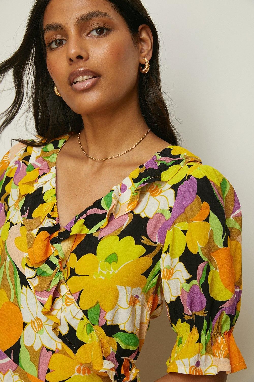 Oasis Graphic Floral Wrap Skater Dress Yellow image 2