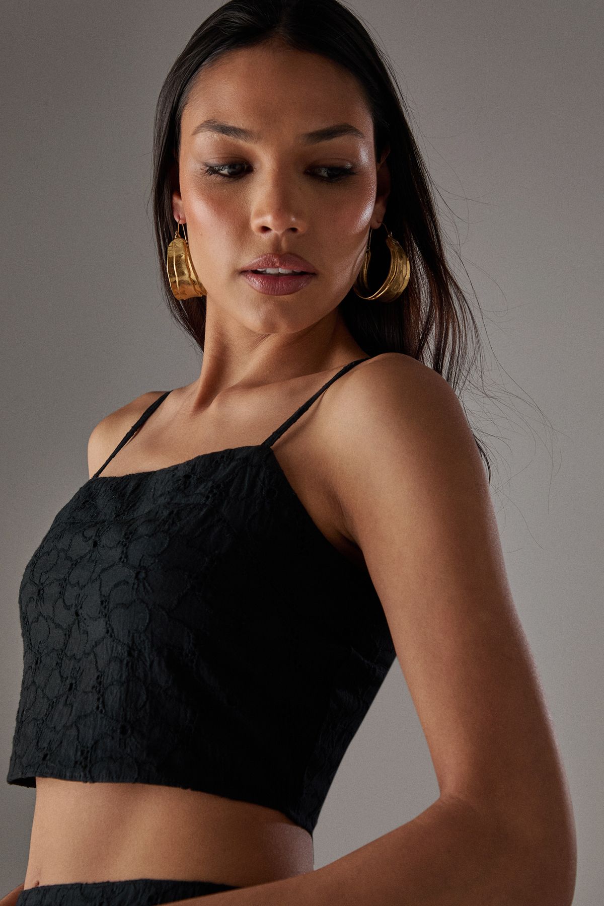 Warehouse HCD Broderie Strappy Bralette Crop Top Black image 4